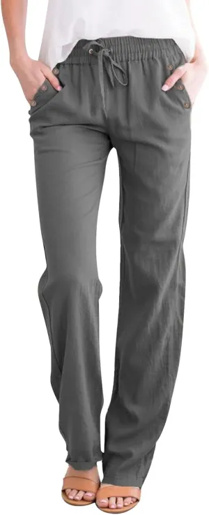 Women Wide Leg Linen Pants Beach Casual High Elastic Waisted Palazzo Pant Baggy Button Trouser with Pocket