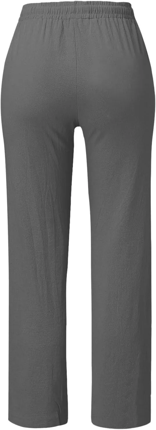 Women Wide Leg Linen Pants Beach Casual High Elastic Waisted Palazzo Pant Baggy Button Trouser with Pocket
