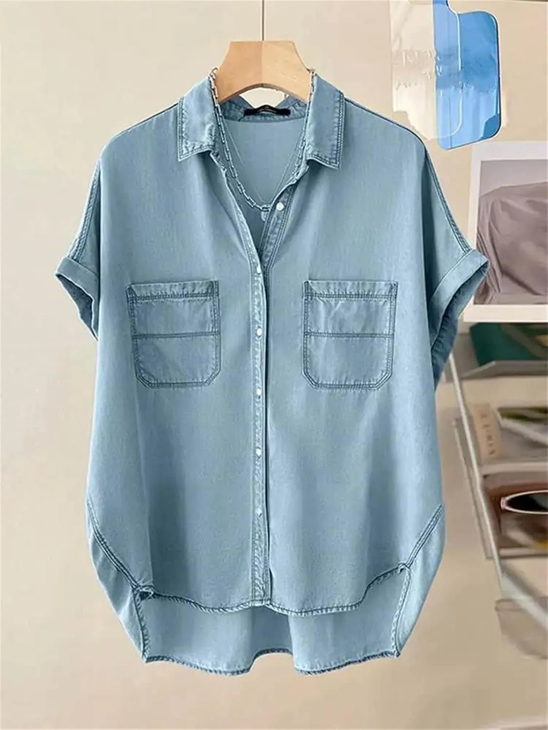 Womens 2025 Short Sleeve Demin Shirt Casual Solid Loose Jean Tops Summer Button Up Lapel Oversized Blouses