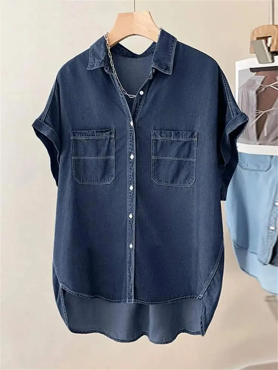 Womens 2025 Short Sleeve Demin Shirt Casual Solid Loose Jean Tops Summer Button Up Lapel Oversized Blouses