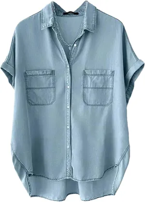 Womens 2025 Short Sleeve Demin Shirt Casual Solid Loose Jean Tops Summer Button Up Lapel Oversized Blouses