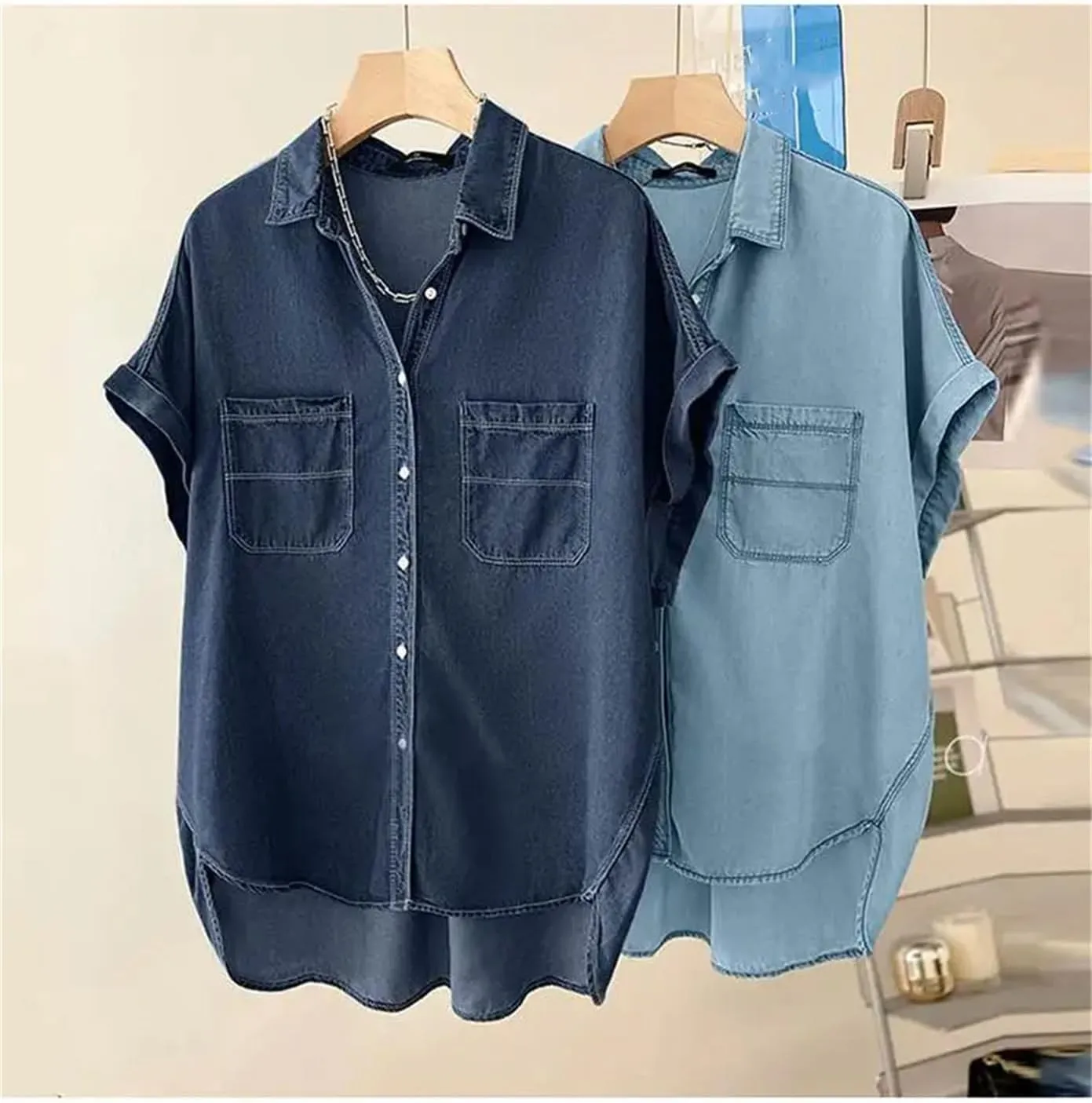 Womens 2025 Short Sleeve Demin Shirt Casual Solid Loose Jean Tops Summer Button Up Lapel Oversized Blouses