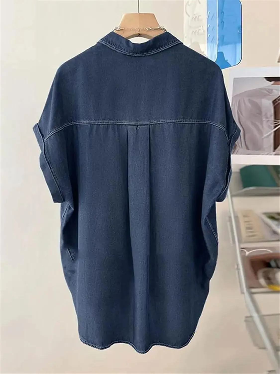 Womens 2025 Short Sleeve Demin Shirt Casual Solid Loose Jean Tops Summer Button Up Lapel Oversized Blouses