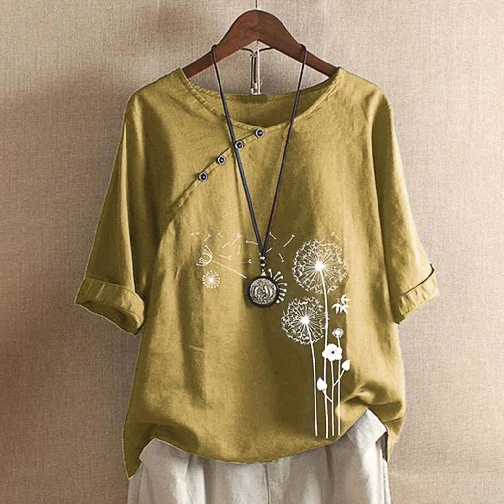Women's 3/4 Sleeve Cotton Linen Blouses Plus Size Summer Tops Vintage Dandelion Print T-Shirt Loose Button Tunic Shirt