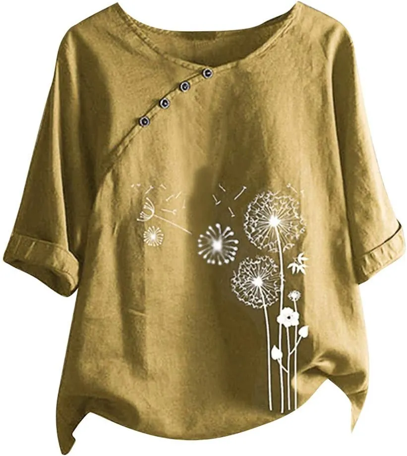 Women's 3/4 Sleeve Cotton Linen Blouses Plus Size Summer Tops Vintage Dandelion Print T-Shirt Loose Button Tunic Shirt