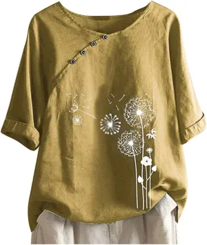 Women's 3/4 Sleeve Cotton Linen Blouses Plus Size Summer Tops Vintage Dandelion Print T-Shirt Loose Button Tunic Shirt