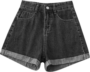 Women's A Line Wide-Leg Jean Shorts High Waisted Baggy Folded Hem Denim Shorts Comfy Loose Summer Beach Casual Short
