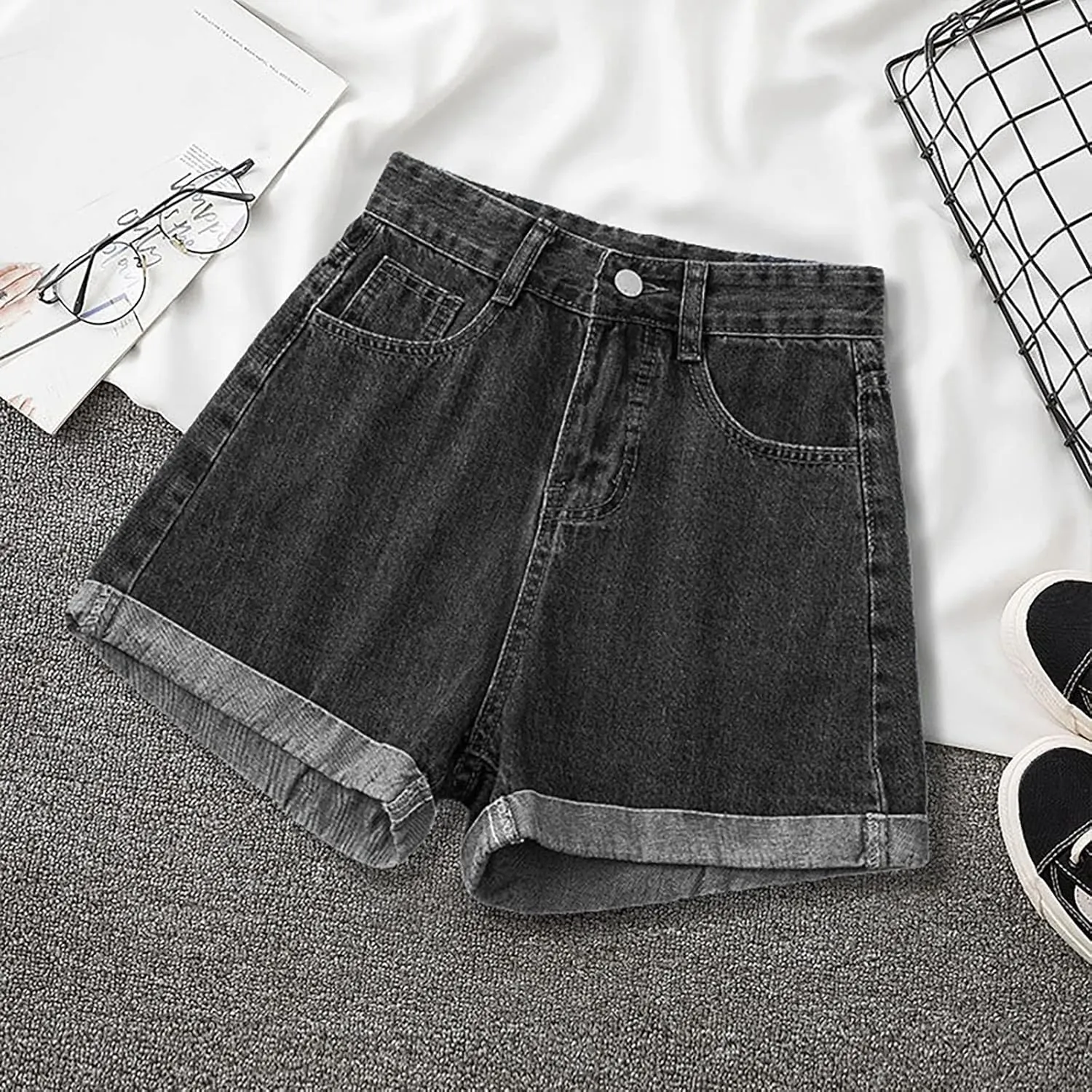 Women's A Line Wide-Leg Jean Shorts High Waisted Baggy Folded Hem Denim Shorts Comfy Loose Summer Beach Casual Short