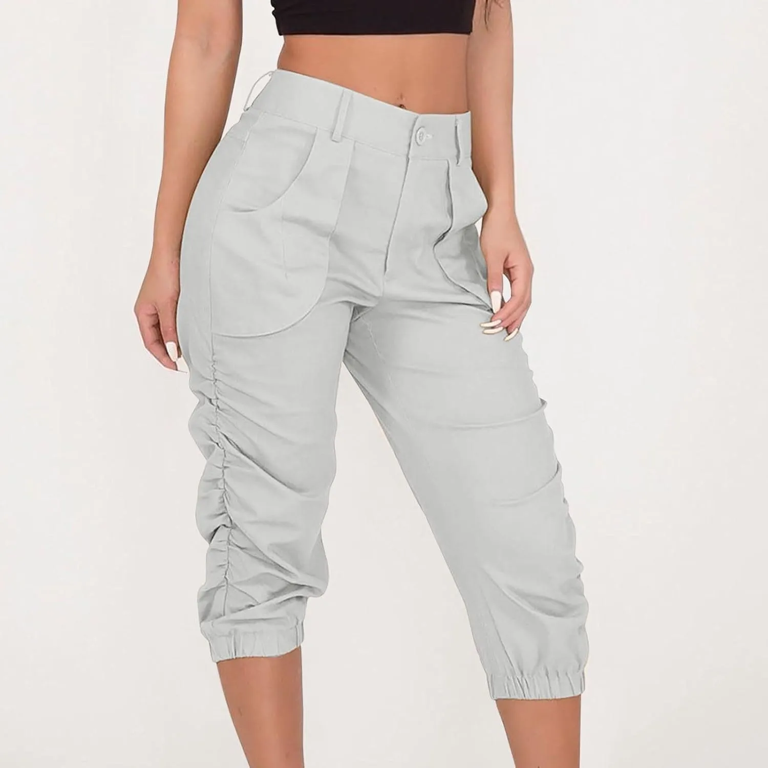 Womens Cargo Capris Pants Women Baggy Wide Leg High Waist Casual Pants Jean Stretch Outfits Plus Size