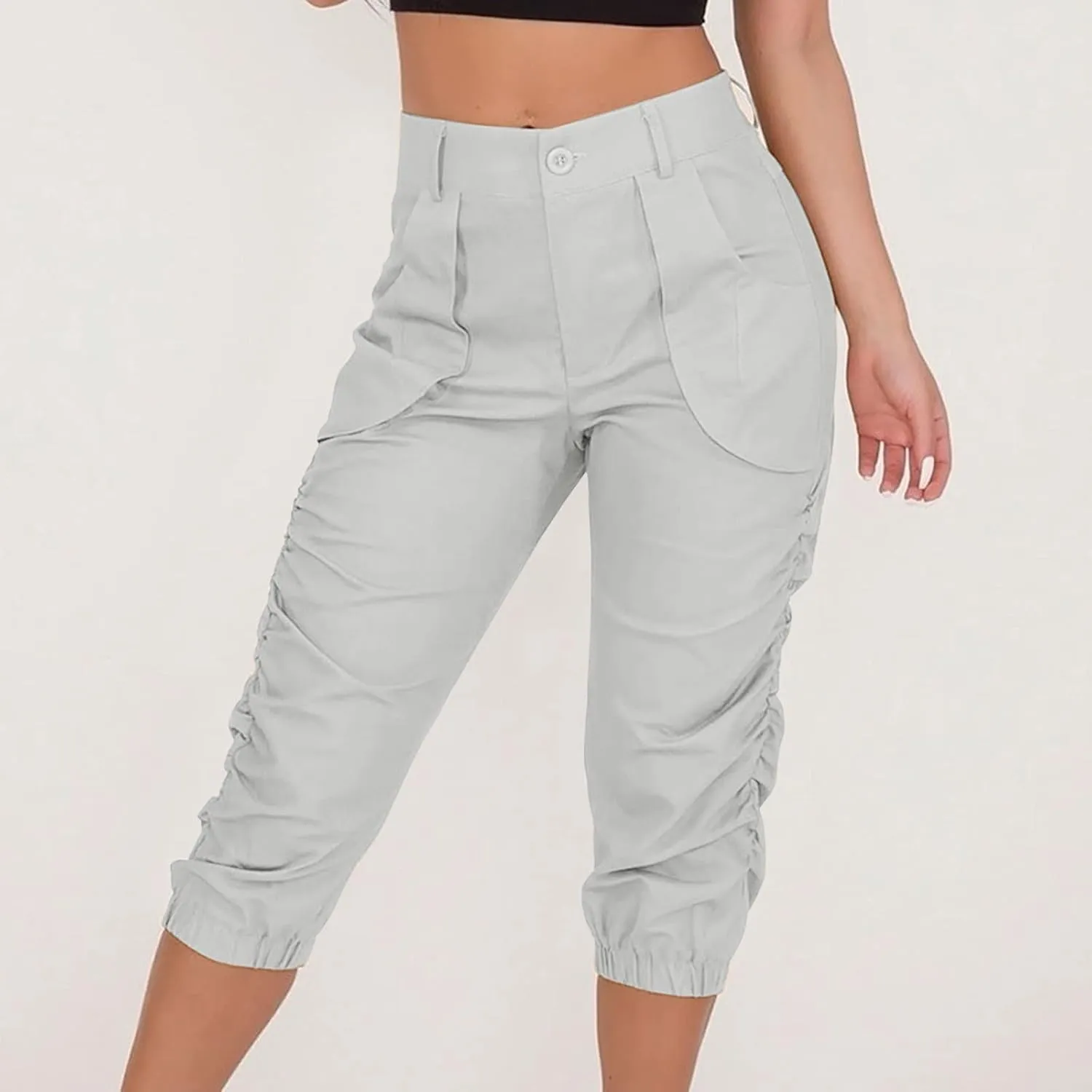 Womens Cargo Capris Pants Women Baggy Wide Leg High Waist Casual Pants Jean Stretch Outfits Plus Size