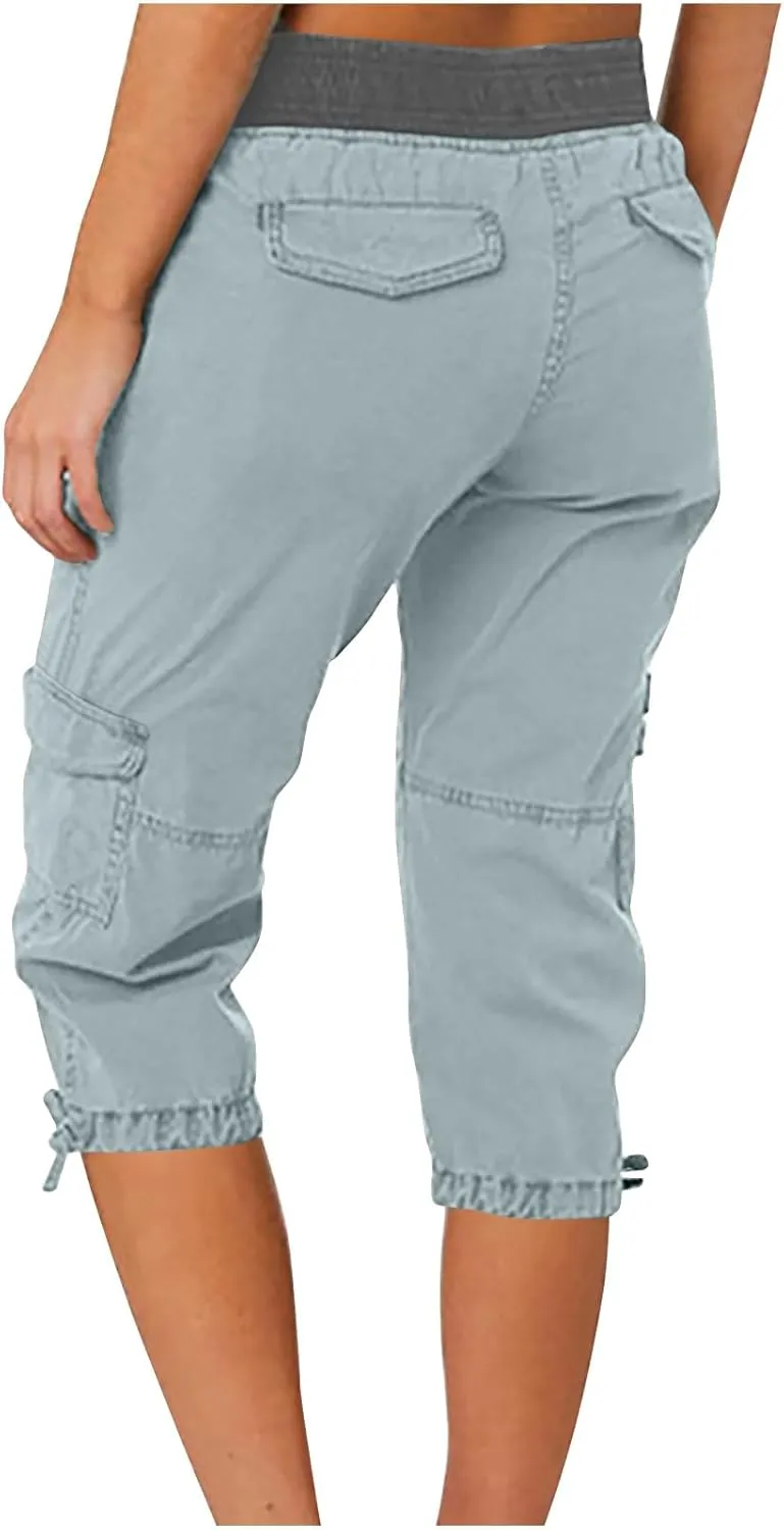 Women's Cargo Capris Relaxed Fit Low Waist Cargo Capri Pant Summer Casual Lightweight Lounge Cropped Trousers Pockets