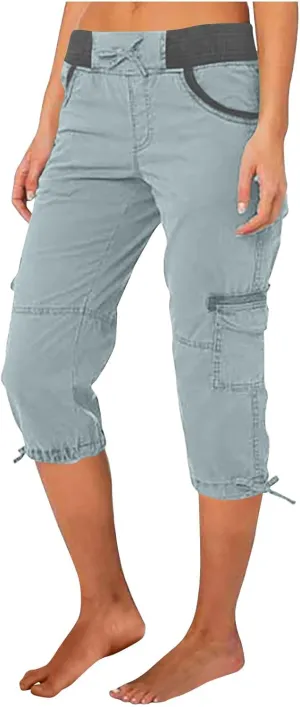Women's Cargo Capris Relaxed Fit Low Waist Cargo Capri Pant Summer Casual Lightweight Lounge Cropped Trousers Pockets