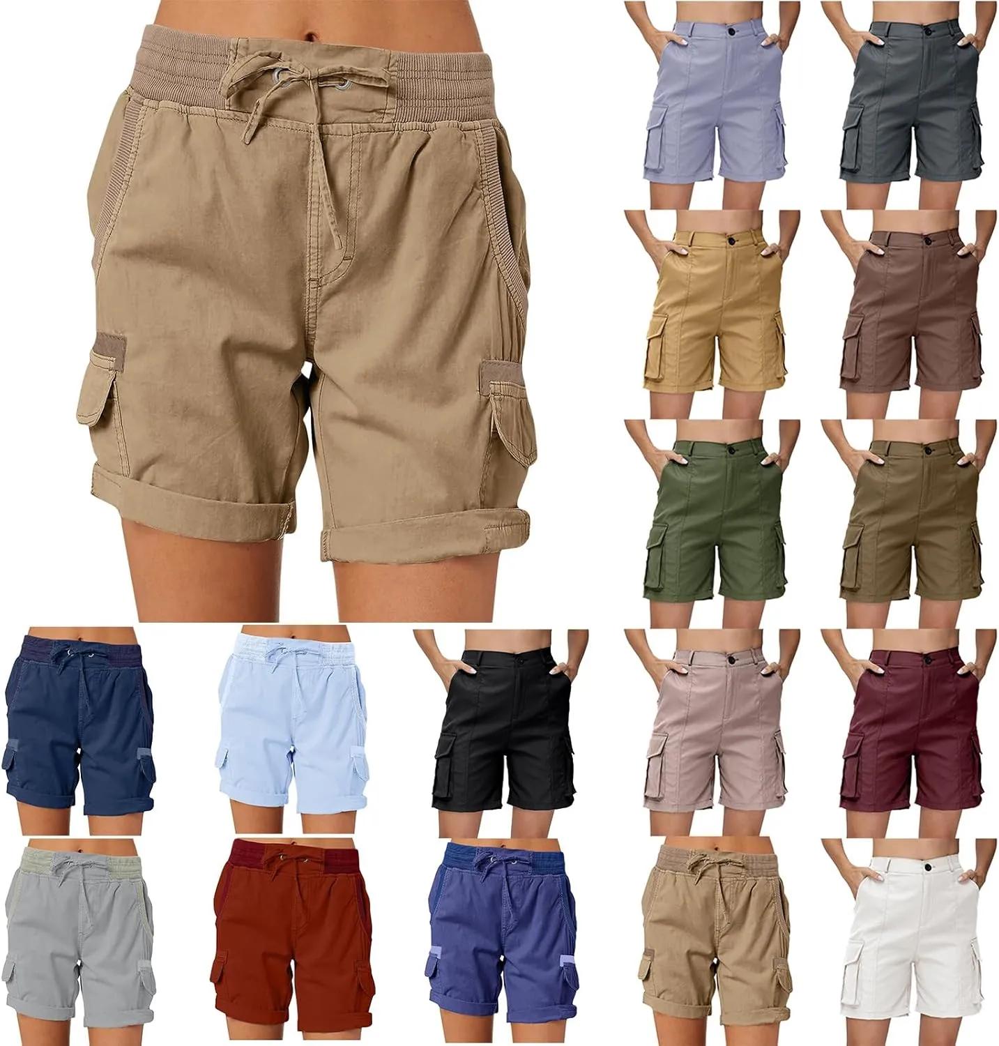 Womens Cargo Shorts 2025 Summer Casual Elastic High Waisted Drawstring Shorts Dressy Cotton Short Pants with Pocket