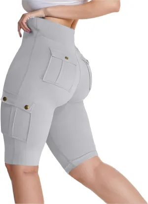 Womens Cargo Shorts with Back Flap Pockets Knee Length Butt Lifting High Waisted Long Biker Yoga Shorts Legging