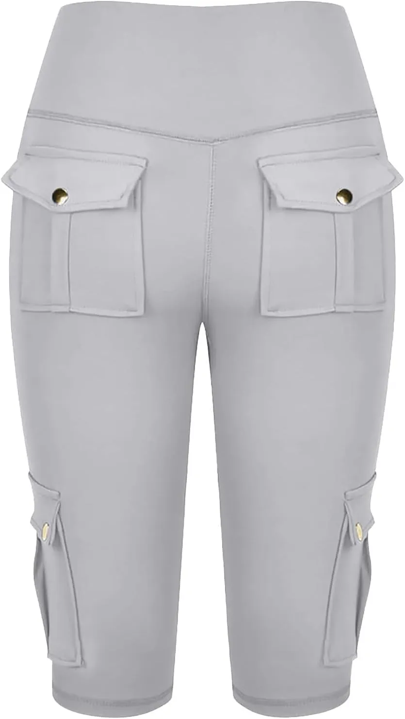 Womens Cargo Shorts with Back Flap Pockets Knee Length Butt Lifting High Waisted Long Biker Yoga Shorts Legging