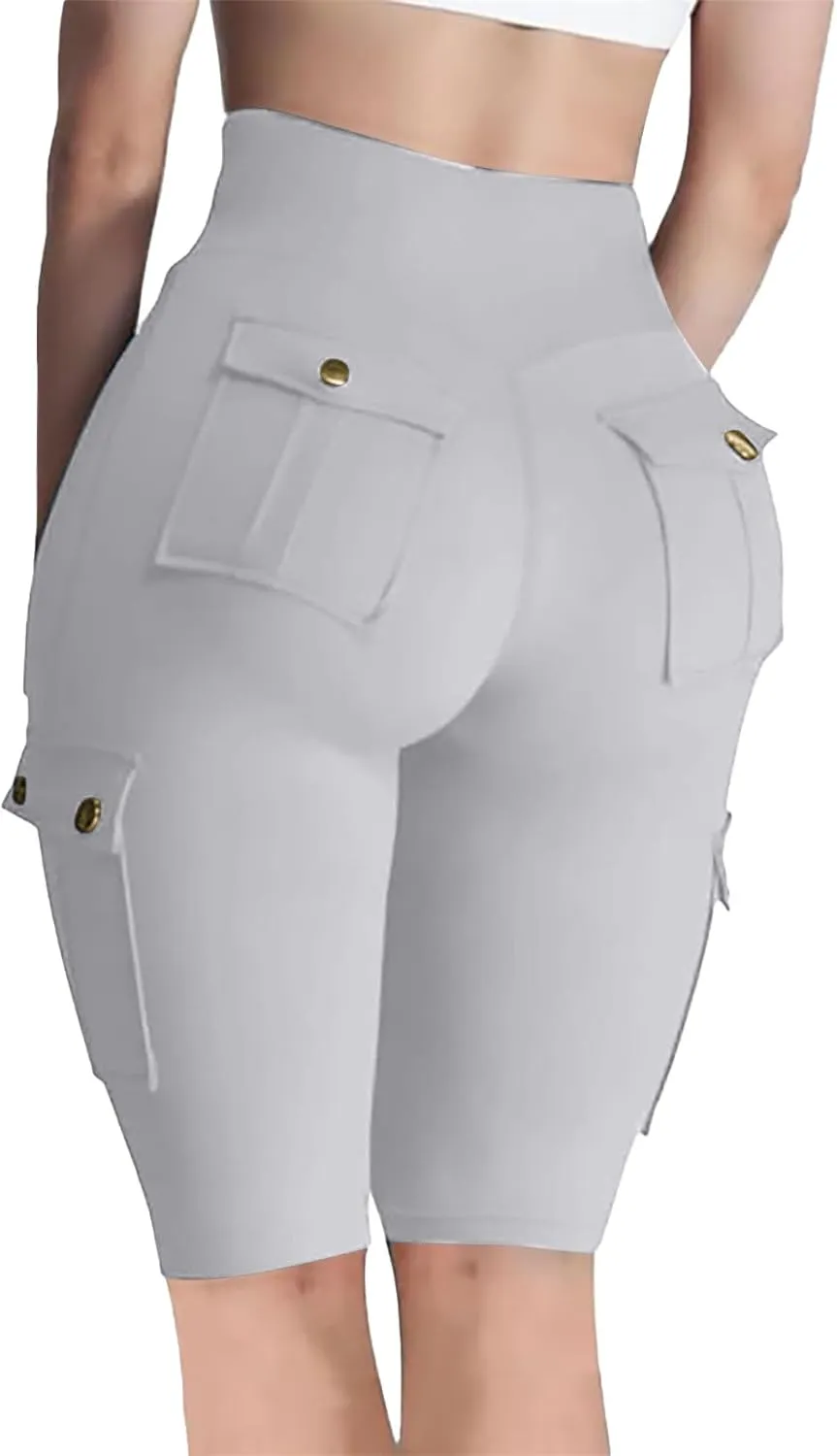 Womens Cargo Shorts with Back Flap Pockets Knee Length Butt Lifting High Waisted Long Biker Yoga Shorts Legging