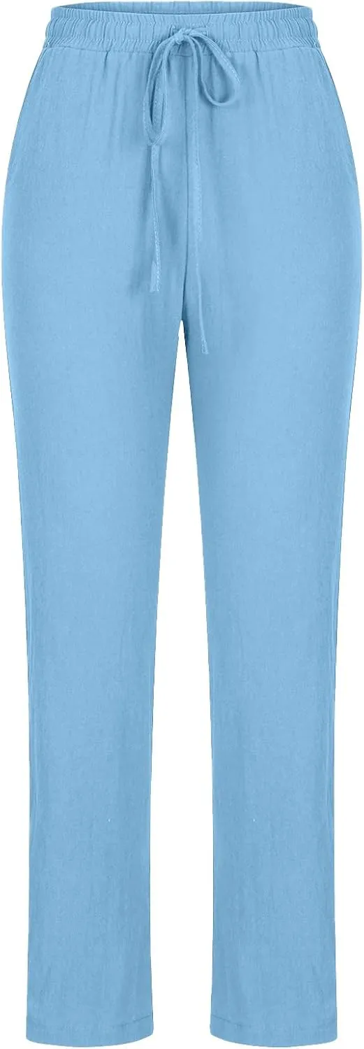 Womens Casual Cotton Linen Pants Lightweight Summer Elastic Waisted Drawstring Plus Size Solid Lounge Long Trousers