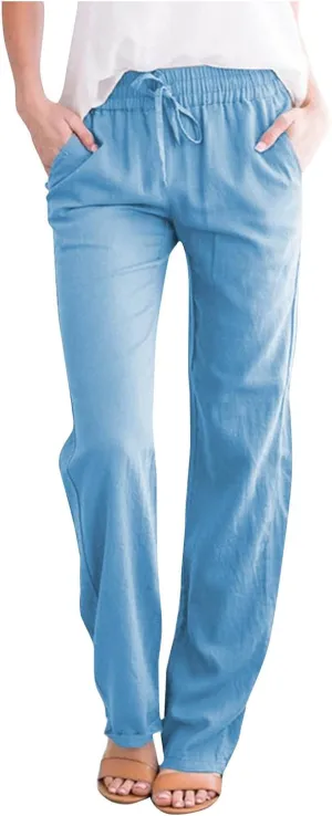 Womens Casual Cotton Linen Pants Lightweight Summer Elastic Waisted Drawstring Plus Size Solid Lounge Long Trousers