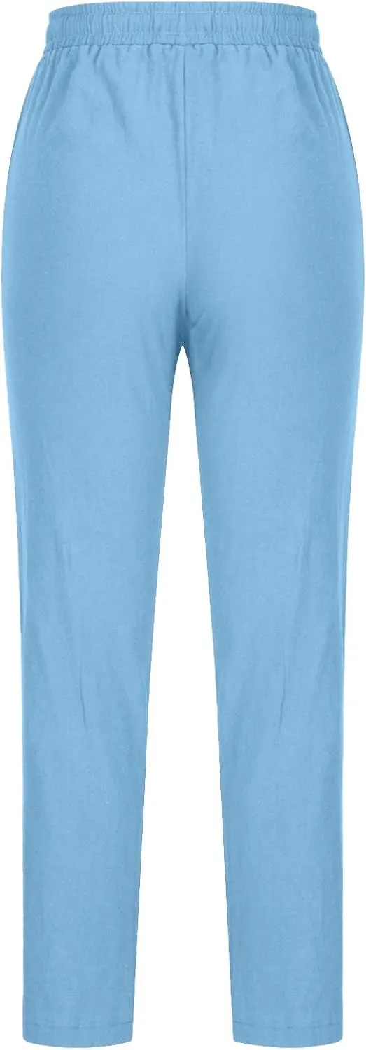 Womens Casual Cotton Linen Pants Lightweight Summer Elastic Waisted Drawstring Plus Size Solid Lounge Long Trousers