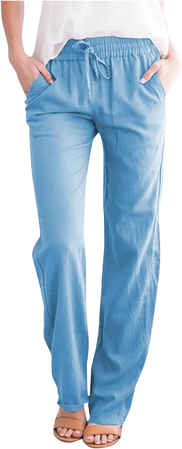 Womens Casual Cotton Linen Pants Lightweight Summer Elastic Waisted Drawstring Plus Size Solid Lounge Long Trousers