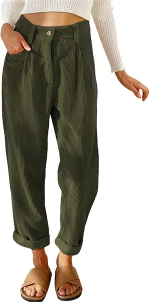 Womens Corduroy Pants Casual High Waisted Straight Leg Vintage Trousers for Women with Pockets Elegant Trousers