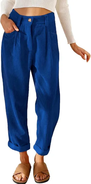 Womens Corduroy Pants Casual High Waisted Straight Leg Vintage Trousers for Women with Pockets Elegant Trousers