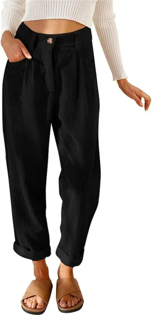 Womens Corduroy Pants Casual High Waisted Straight Leg Vintage Trousers for Women with Pockets Elegant Trousers