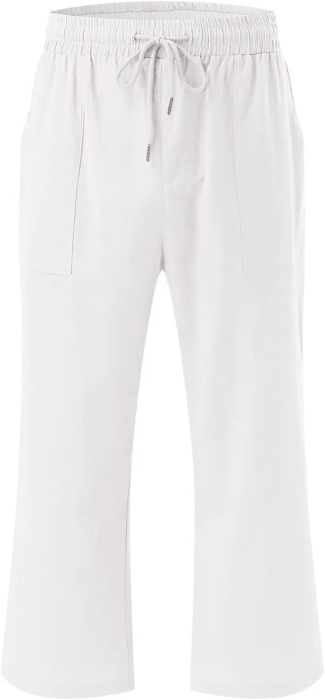 Womens Cotton Linen Capris Pants Loose Elastic High Waist Straight Wide Leg Casual Lounge Trouser with Pockets