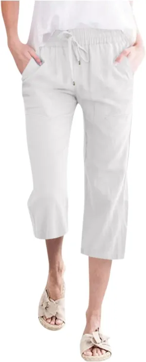 Womens Cotton Linen Capris Pants Loose Elastic High Waist Straight Wide Leg Casual Lounge Trouser with Pockets