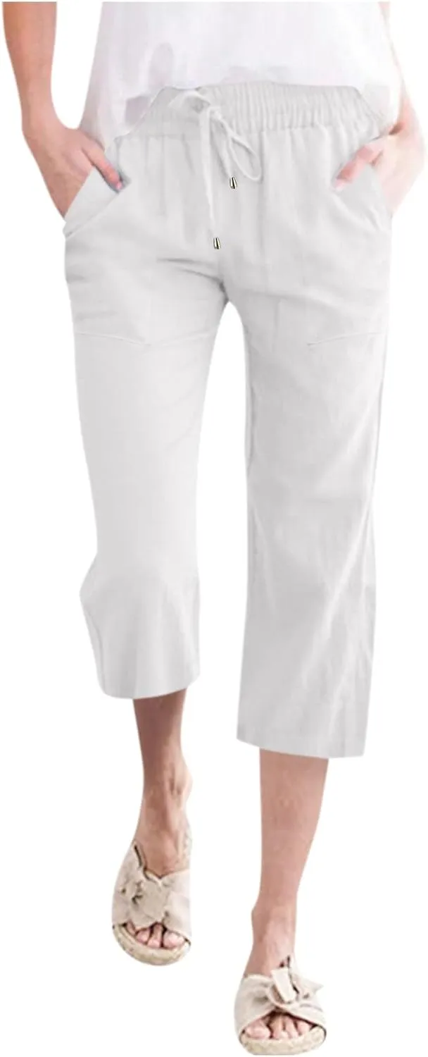 Womens Cotton Linen Capris Pants Loose Elastic High Waist Straight Wide Leg Casual Lounge Trouser with Pockets