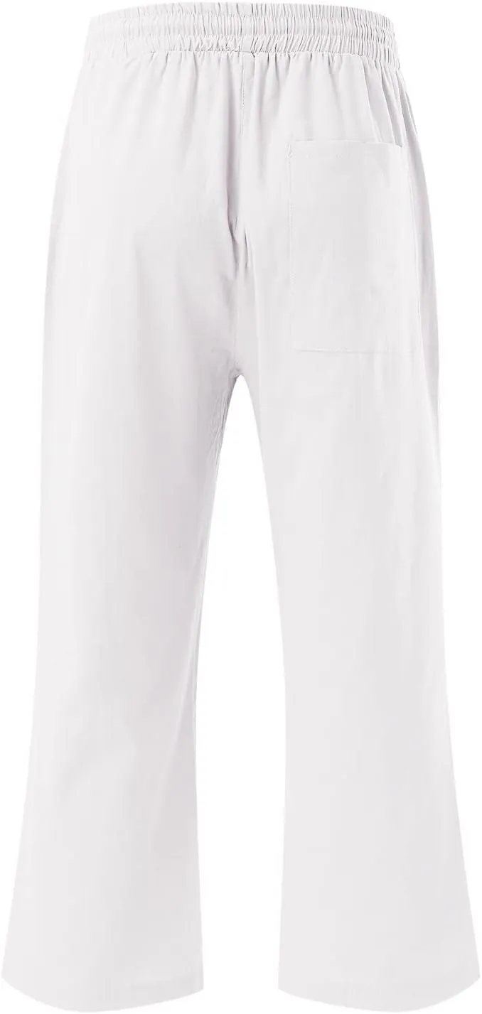 Womens Cotton Linen Capris Pants Loose Elastic High Waist Straight Wide Leg Casual Lounge Trouser with Pockets