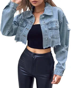 Women'S Cropped Denim Jacke Frayed Distressed Jean Jacke Fashion Long Sleeve Ripped Button-Down Coat