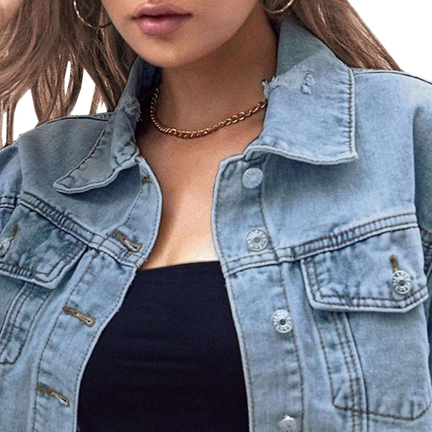 Women'S Cropped Denim Jacke Frayed Distressed Jean Jacke Fashion Long Sleeve Ripped Button-Down Coat