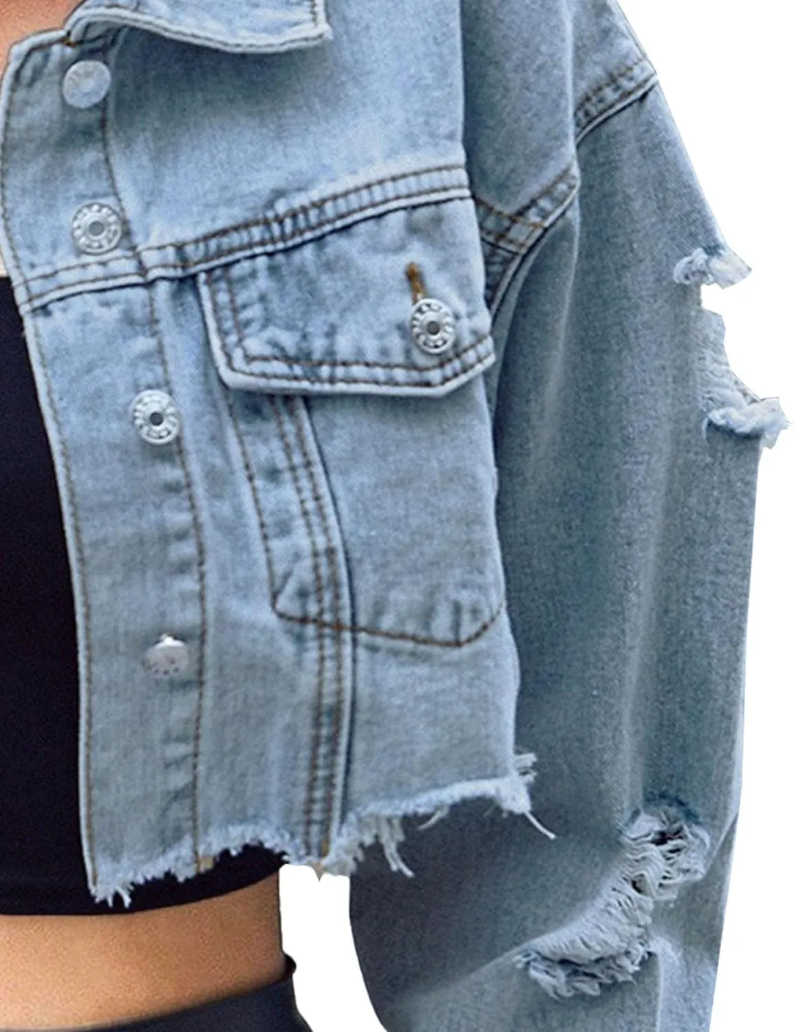 Women'S Cropped Denim Jacke Frayed Distressed Jean Jacke Fashion Long Sleeve Ripped Button-Down Coat