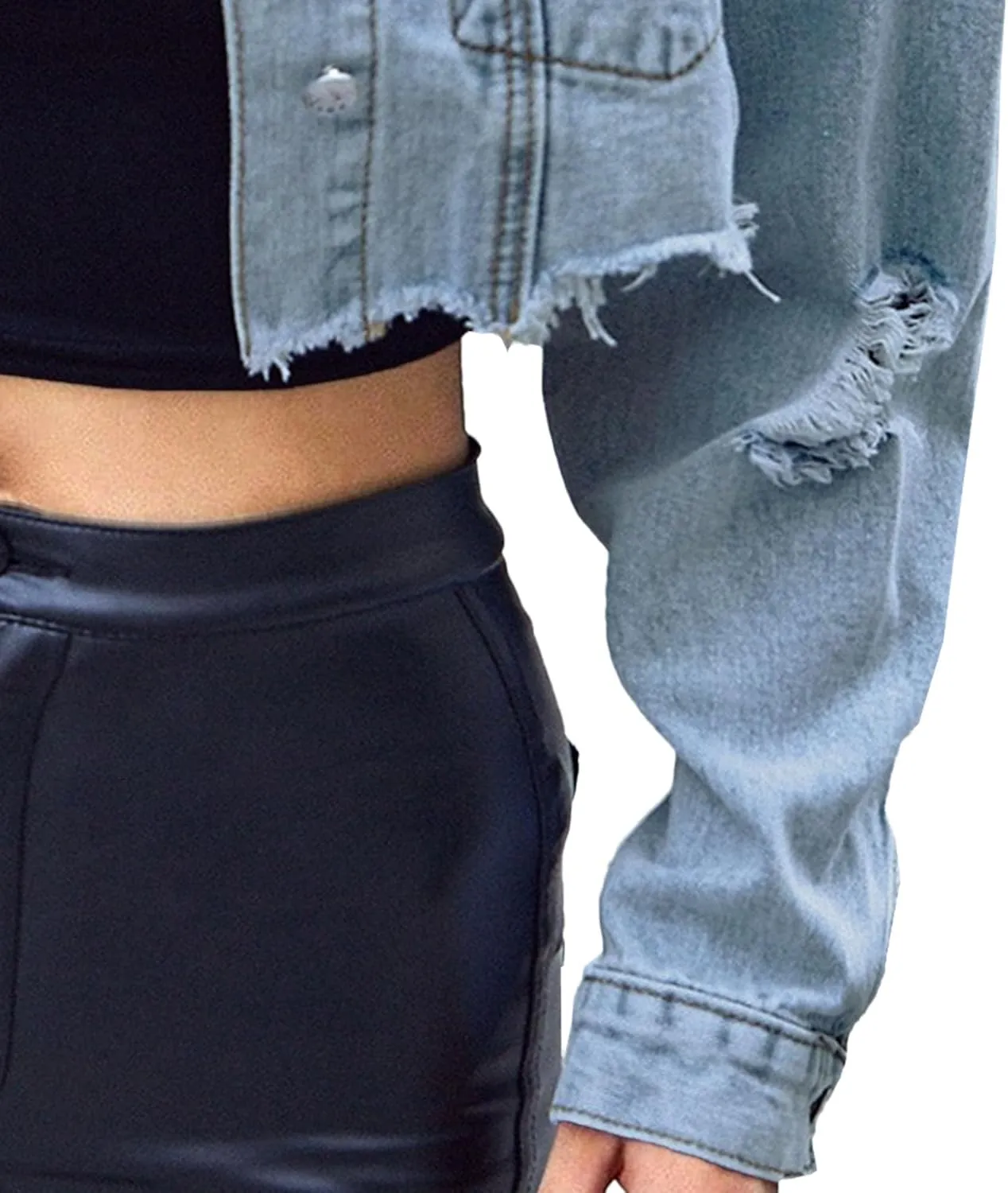 Women'S Cropped Denim Jacke Frayed Distressed Jean Jacke Fashion Long Sleeve Ripped Button-Down Coat
