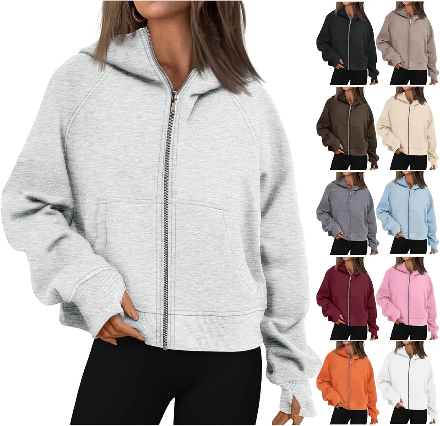 Womens Cropped Jacket Casual Zip Up Sweatshirts Long Sleeve Fleece Hoodies Loose Fit Pockets Hoodies with Thumb Hole