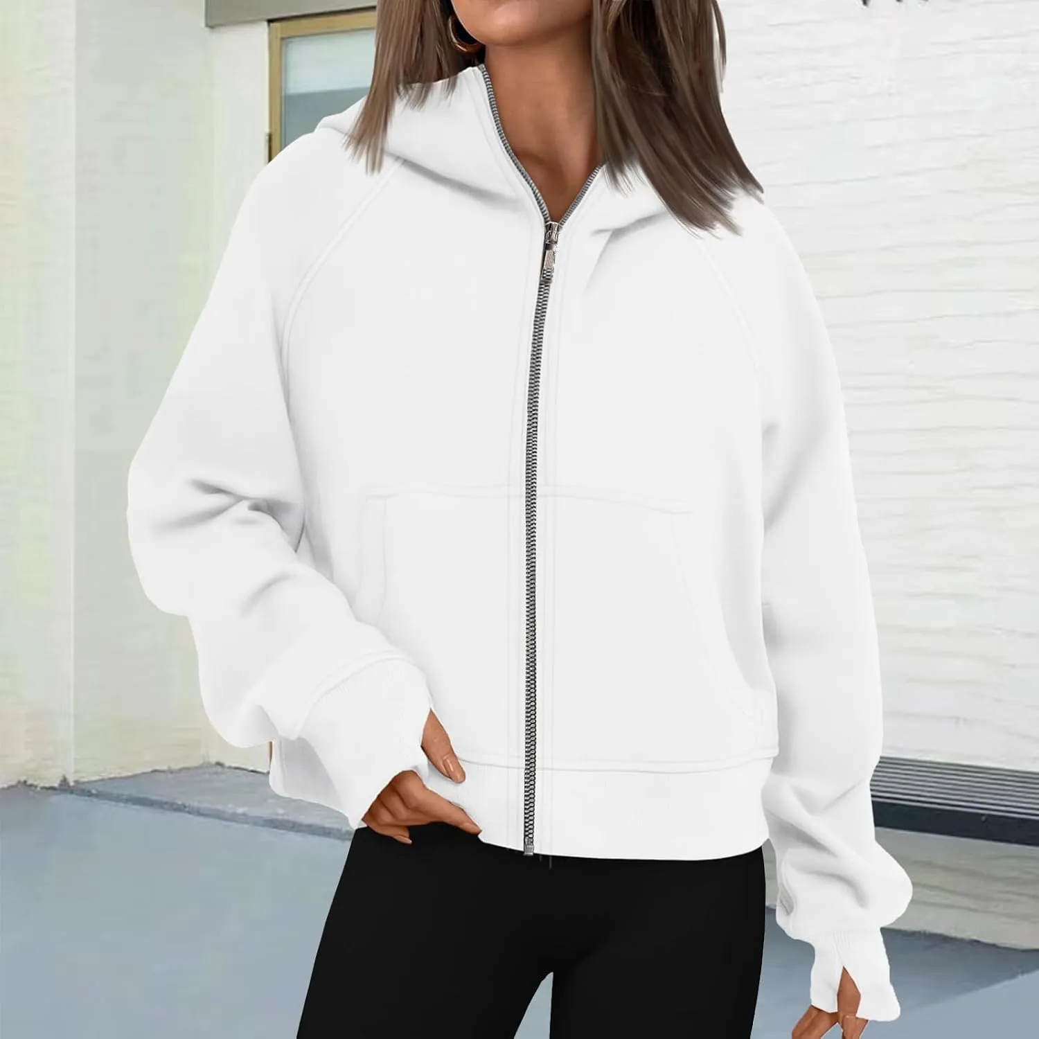 Womens Cropped Jacket Casual Zip Up Sweatshirts Long Sleeve Fleece Hoodies Loose Fit Pockets Hoodies with Thumb Hole