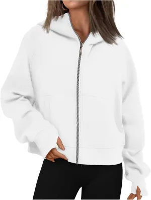 Womens Cropped Jacket Casual Zip Up Sweatshirts Long Sleeve Fleece Hoodies Loose Fit Pockets Hoodies with Thumb Hole