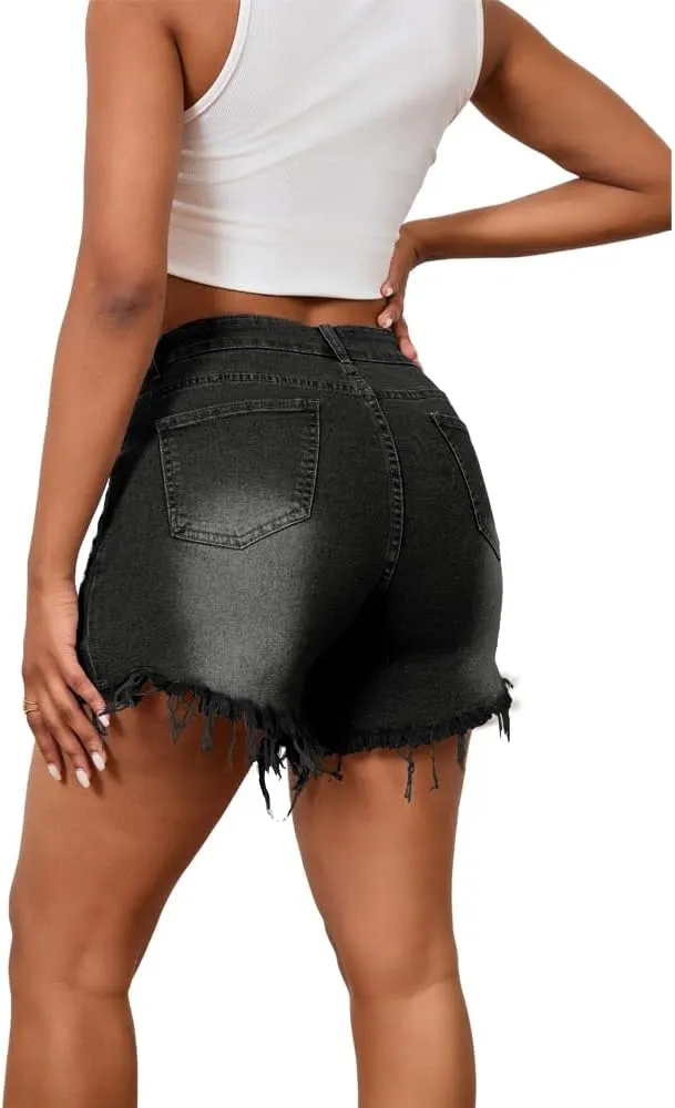 Women's Crossover High Waisted Denim Shorts Ripped Raw Hem Jean Shorts