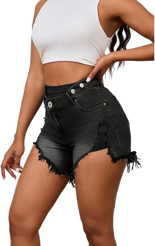 Women's Crossover High Waisted Denim Shorts Ripped Raw Hem Jean Shorts