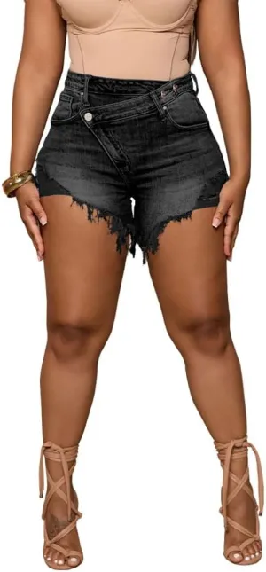 Women's Crossover High Waisted Denim Shorts Ripped Raw Hem Jean Shorts