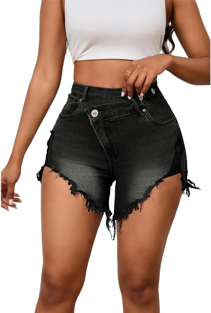 Women's Crossover High Waisted Denim Shorts Ripped Raw Hem Jean Shorts