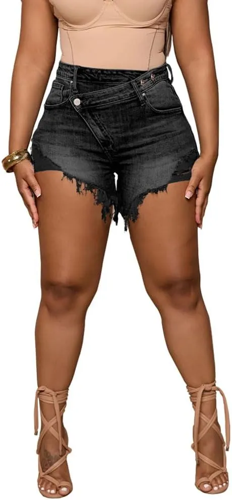 Women's Crossover High Waisted Denim Shorts Ripped Raw Hem Jean Shorts