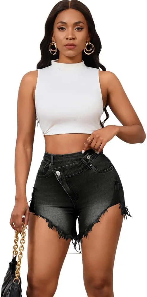 Women's Crossover High Waisted Denim Shorts Ripped Raw Hem Jean Shorts