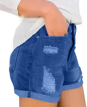 Women's Demi Shorts High Waisted Rolled Hem Distressed Jeans Ripped Denim Shorts