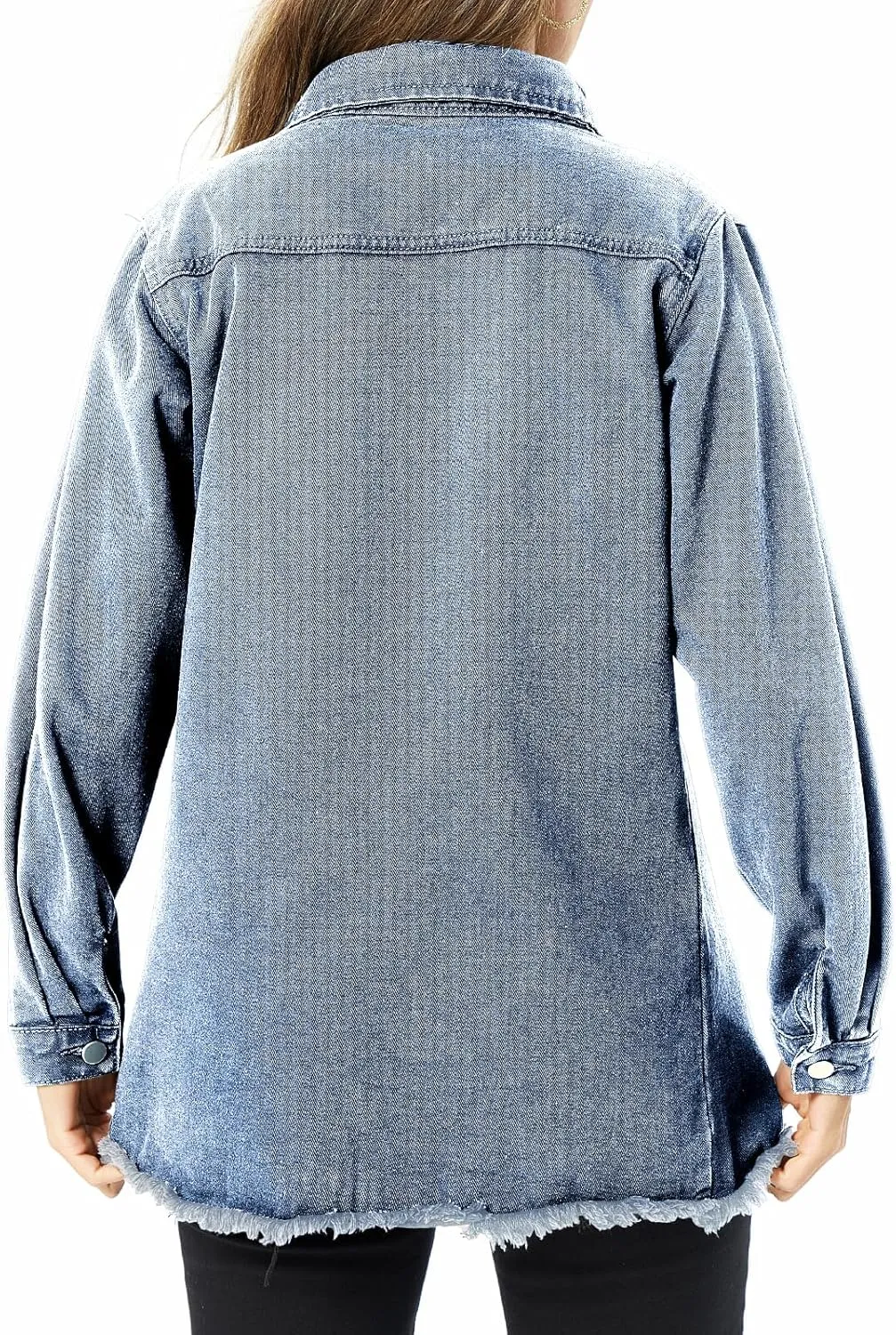 Women's Denim Jacket Casual Long Sleeve Denim Shirts Distressed Jean Jacket 2025 Spring Outfits