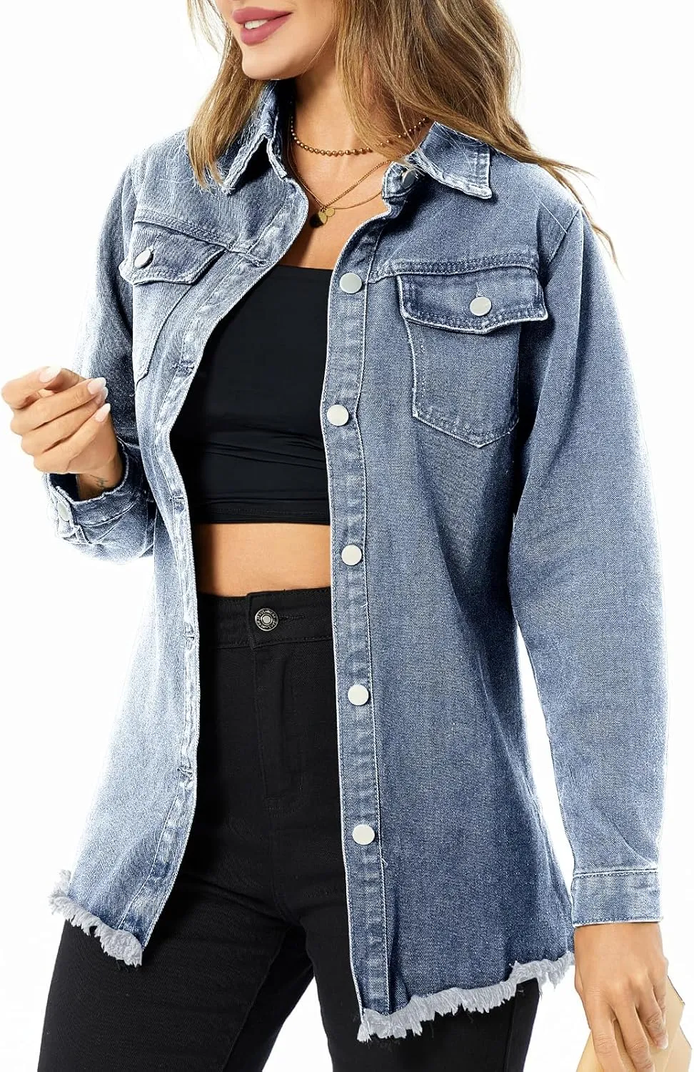 Women's Denim Jacket Casual Long Sleeve Denim Shirts Distressed Jean Jacket 2025 Spring Outfits