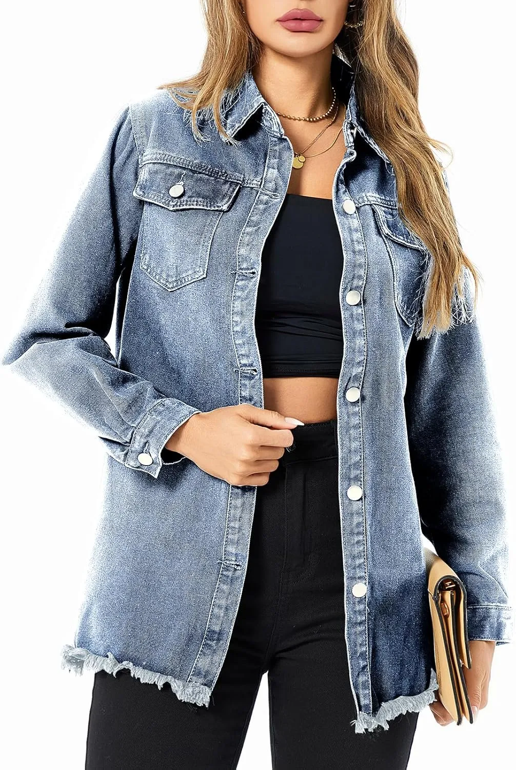 Women's Denim Jacket Casual Long Sleeve Denim Shirts Distressed Jean Jacket 2025 Spring Outfits