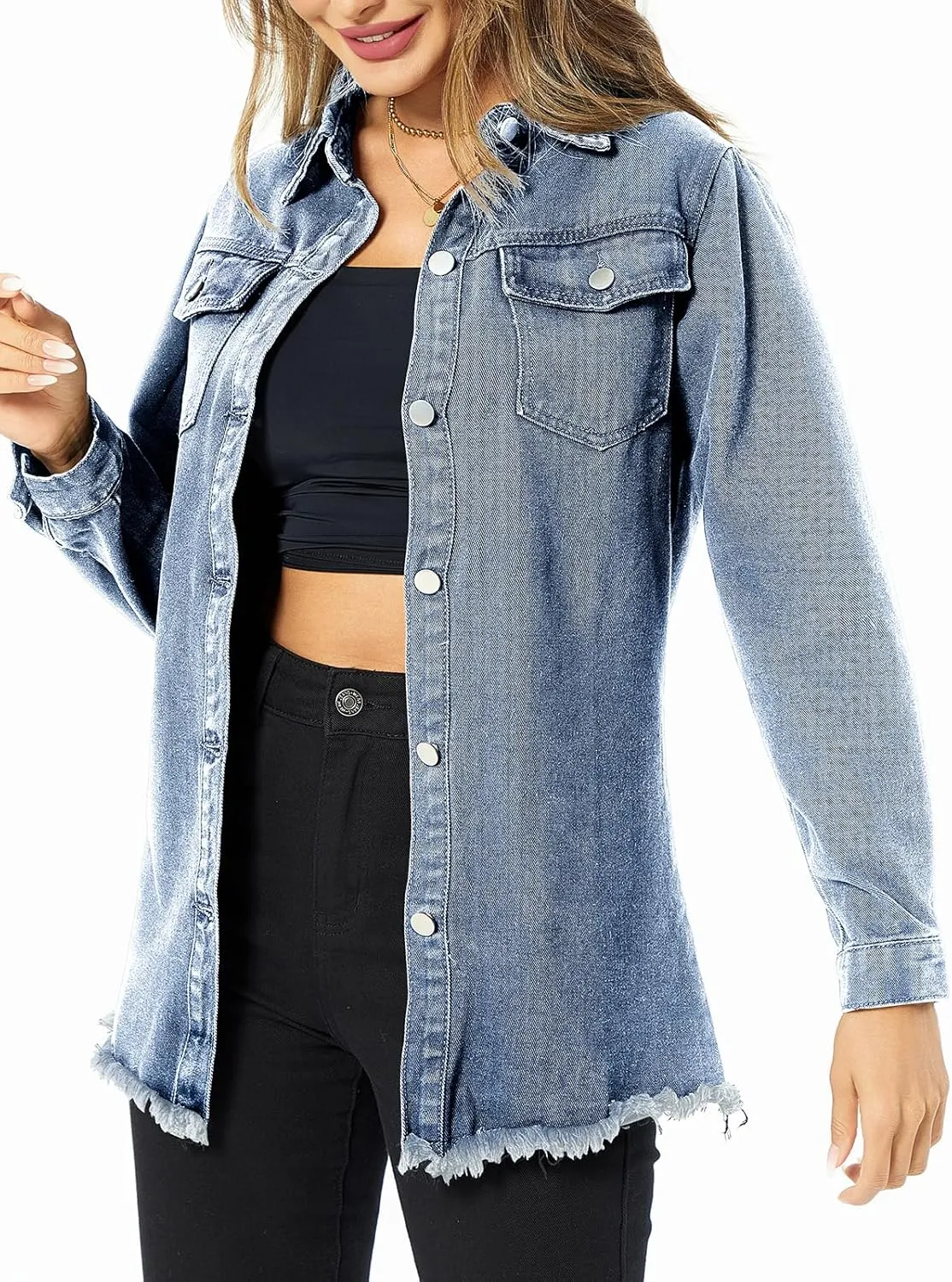 Women's Denim Jacket Casual Long Sleeve Denim Shirts Distressed Jean Jacket 2025 Spring Outfits
