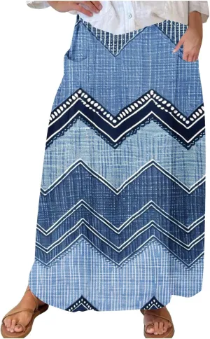 Womens Denim Printed Elastic Belt Curvy Women Pleated Pocket Skirt Calf Skirt Flowy Pleated Dresses with Belt Pockets
